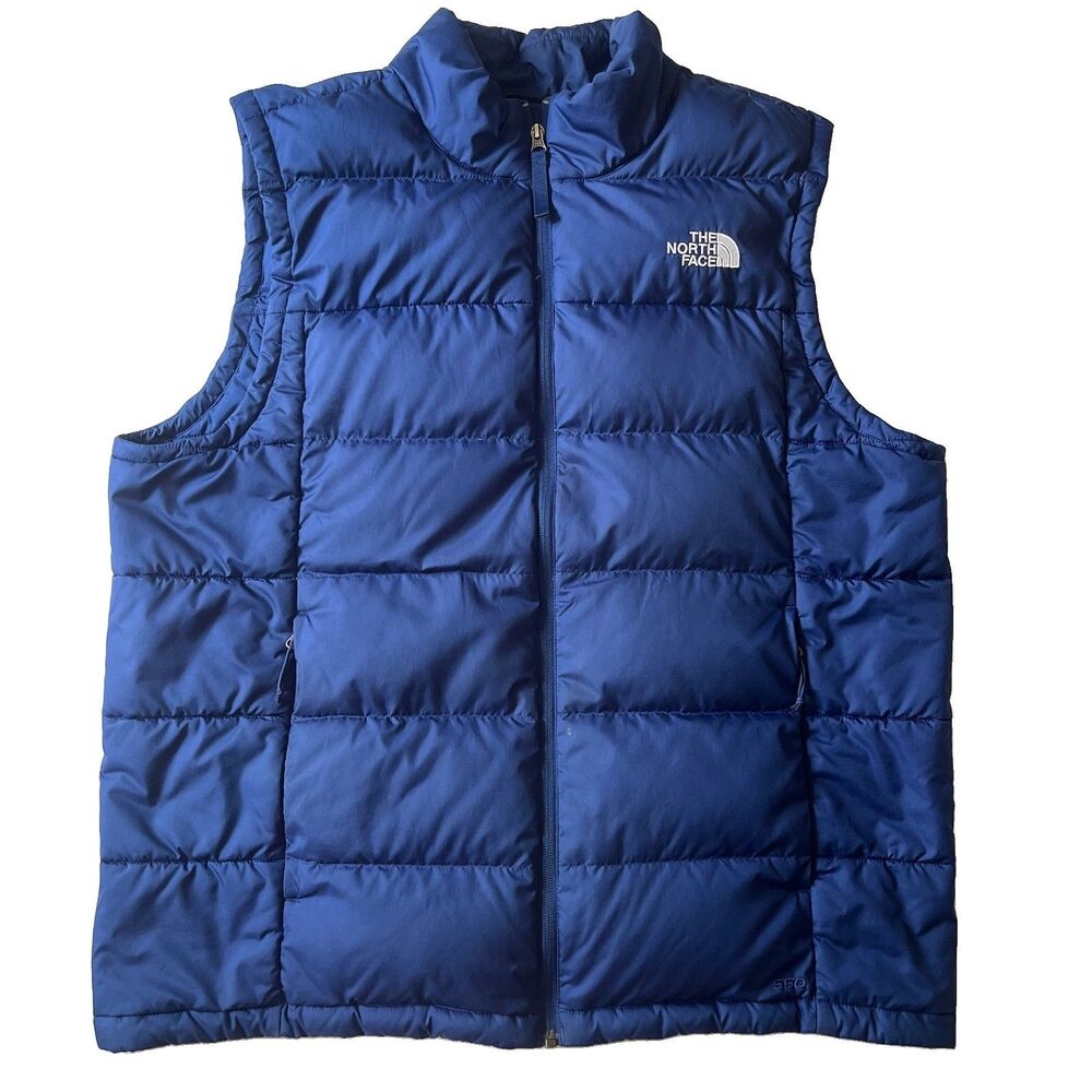The North Face 550 Down Puffer Vest Mens Size XL Blue Full Zip Pockets Logo